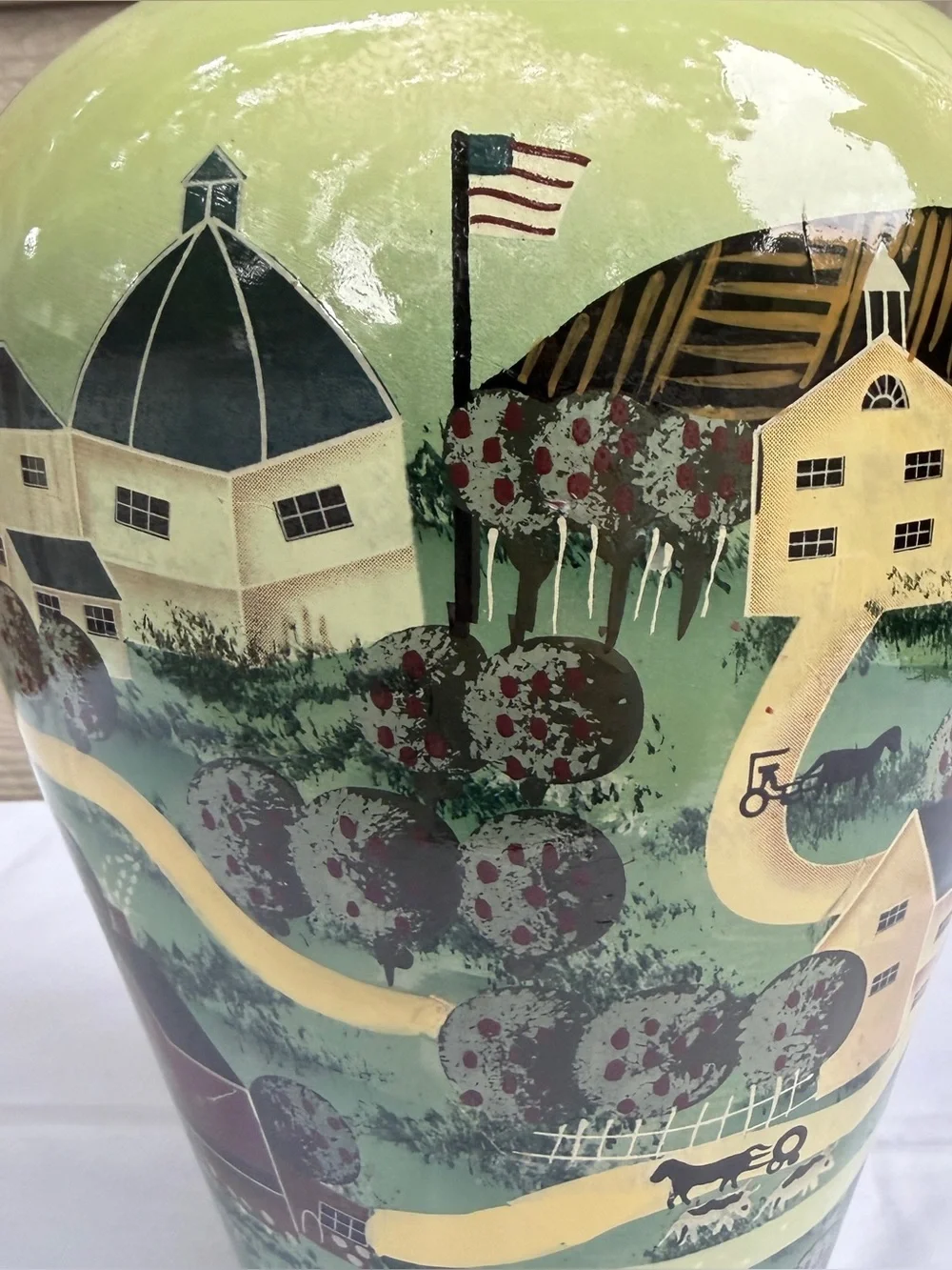 American Folk Art Pottery Vase  11” Rustic Country Farm Green Glossy Horse Flag